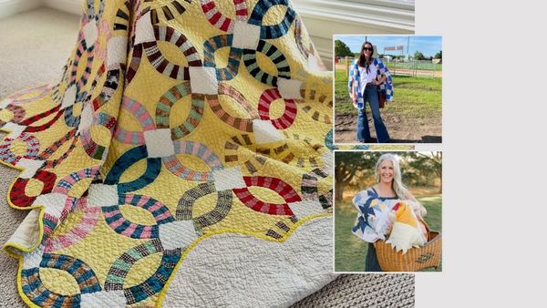 A colorful, patterned quilt with interlocking rings. Two inset photos of people with quilts.