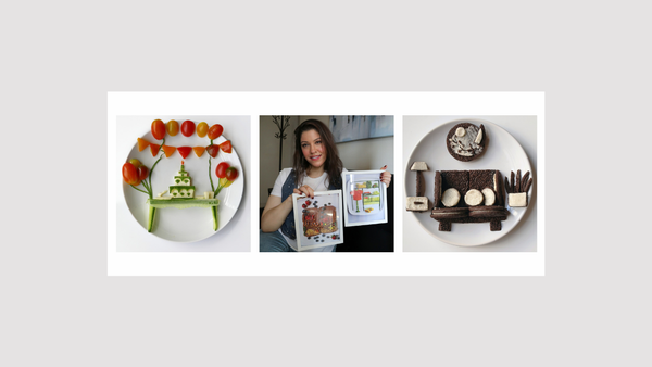 Three-photo collage featuring Sarah Rosado holding framed food art, flanked by a vegetable birthday scene with balloons and a cake, and a cookie living room with a sofa, lamp and wall clock.