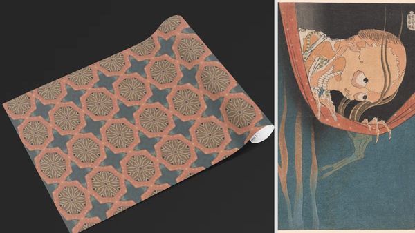 Side-by-side comparison. On the left, a roll of wrapping paper in a repeating tile pattern of coral octagons framing tan floral medallions, with slate-blue star shapes between them. On the ri