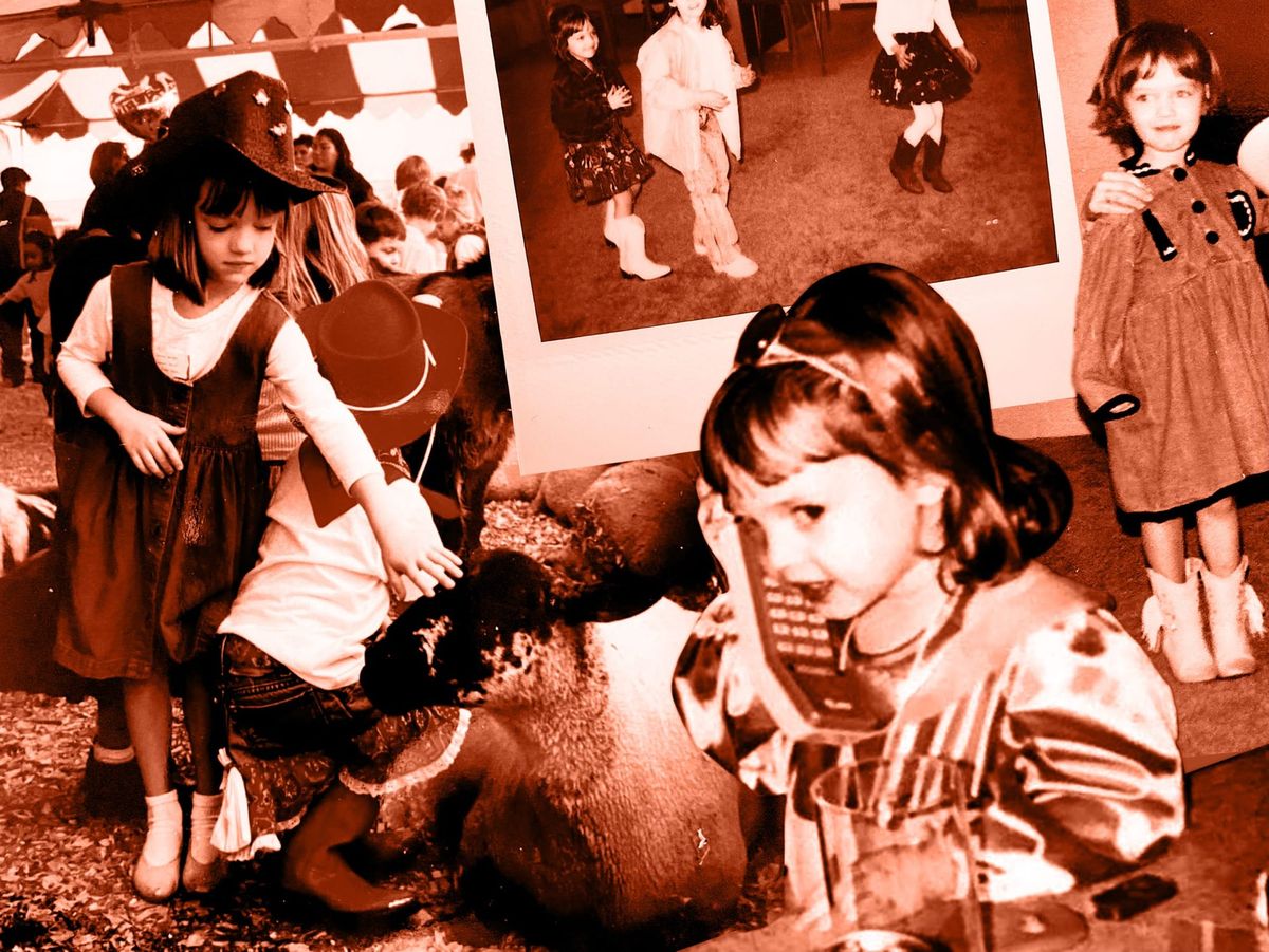 A collage of old photographs of Olivia Messer as a child.