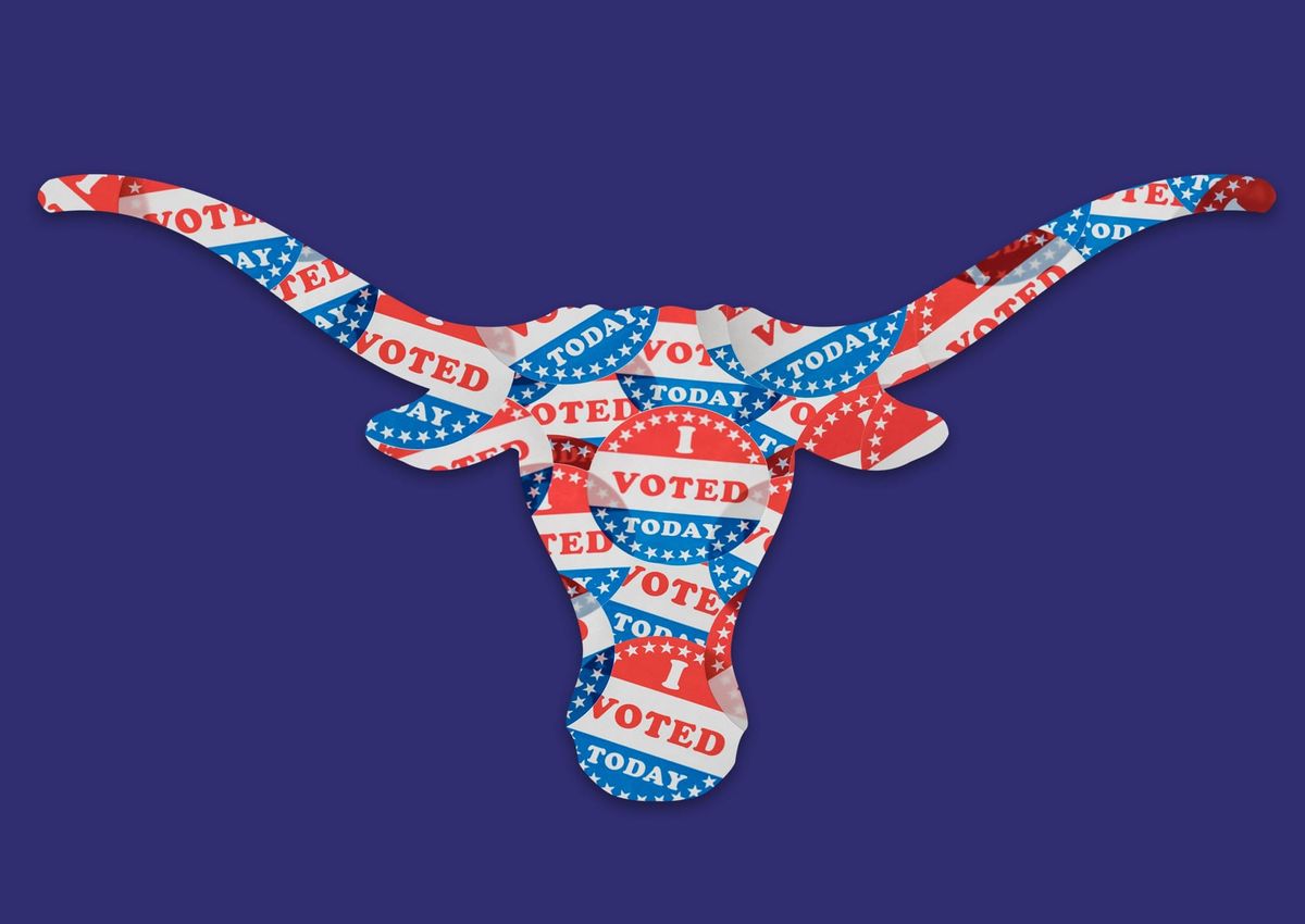 Voting stickers in the shape of a longhorn, on a navy background