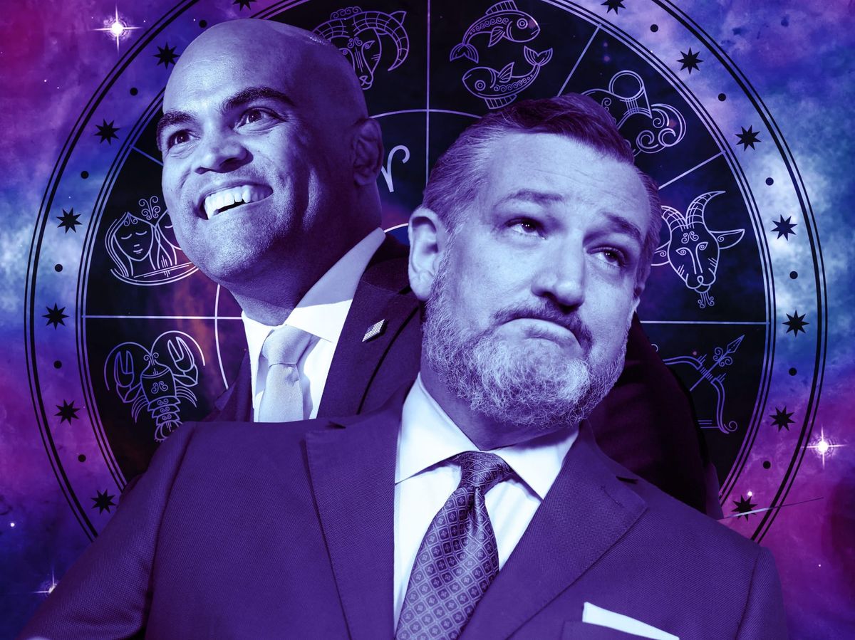 a natal zodiac chart behind images of colin allred and ted cruz, on a purple background with stars