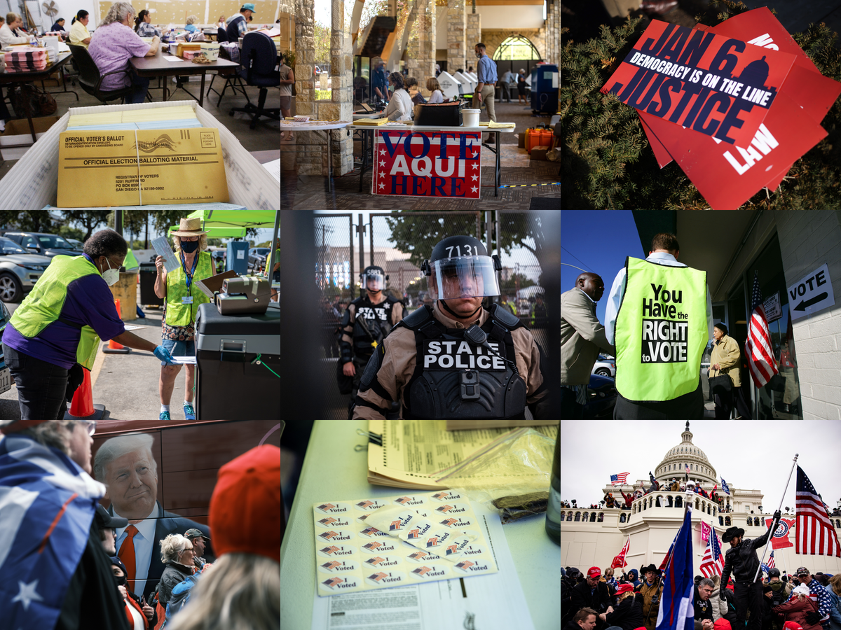 Nine photos of election day voting in previous years and of Jan. 6, 2021
