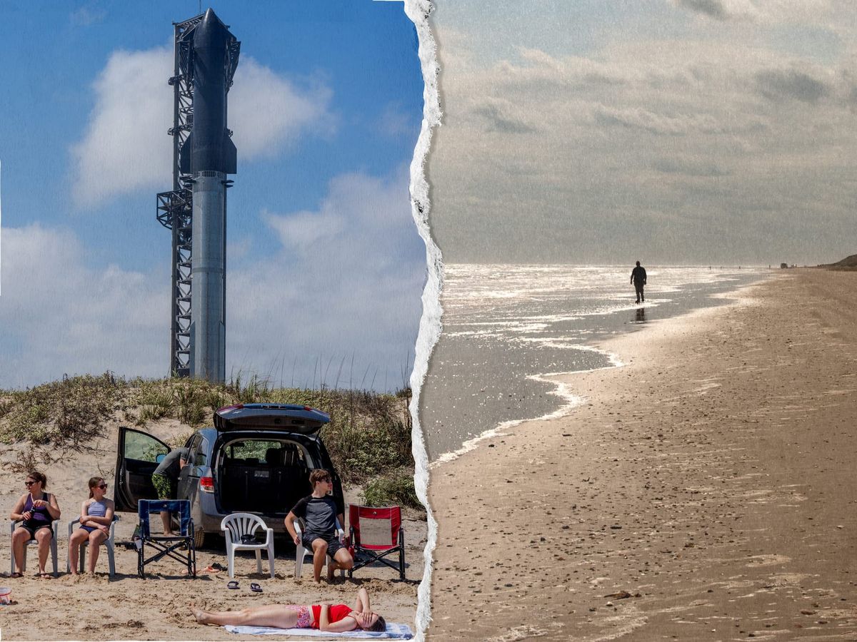 An image of the launch pad tower for SpaceX's Starbase and a person walking on a beach