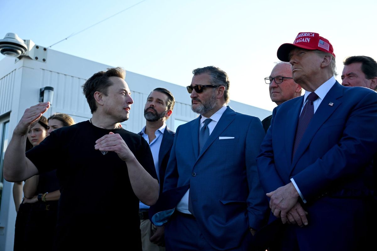 elon musk, senator ted cruz, and donald trump looking forward and talking to one another against a cloudless blue sky