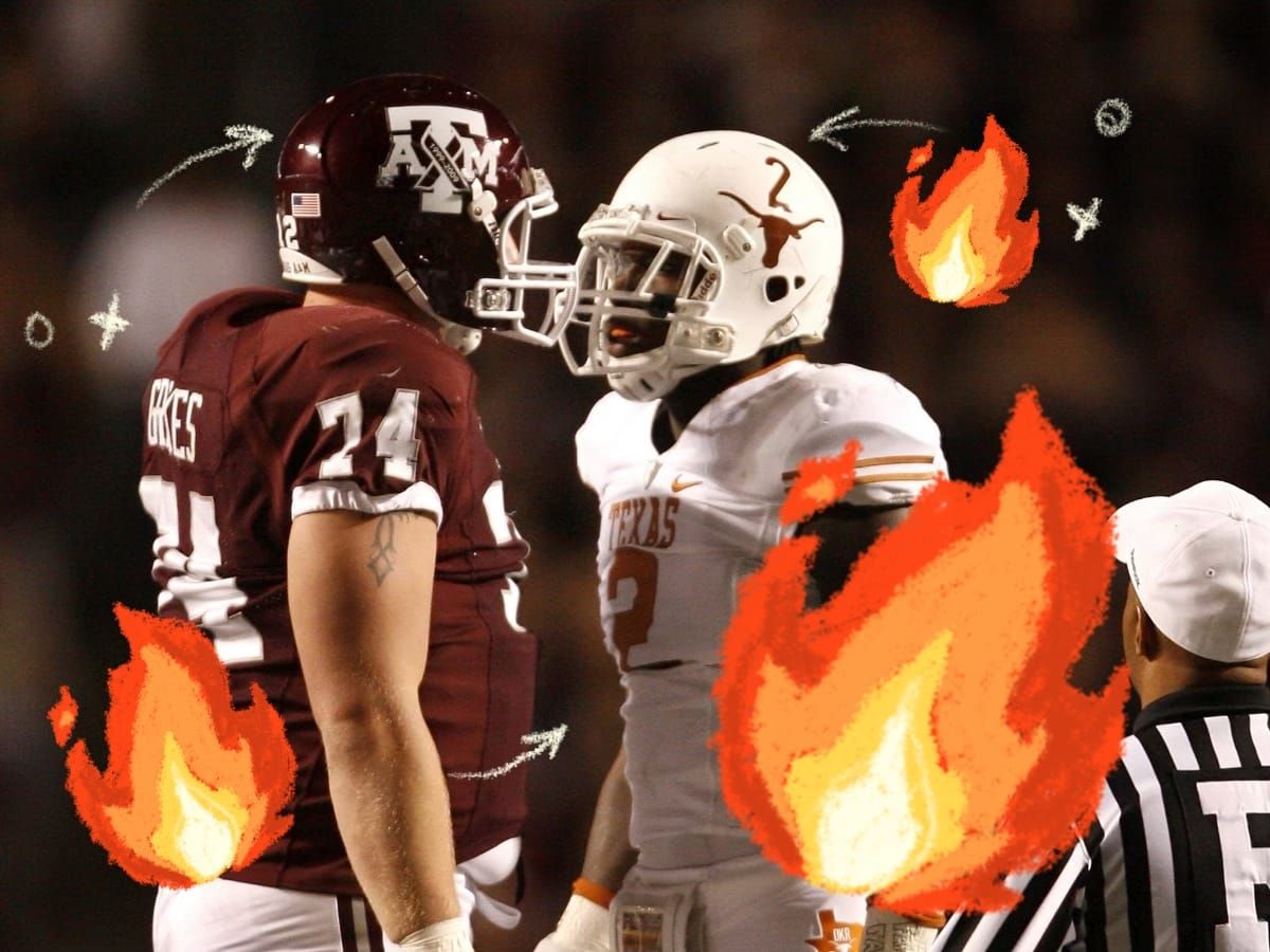 two football players from Texas A&M and UT square off on the field, with xs os and flames drawn on top
