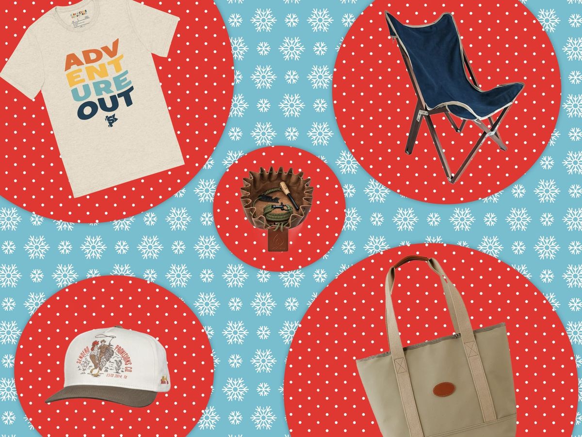 a collage with a t-shirt, a chair, a tote, a hat all set on blue wrapping paper with snowflakes