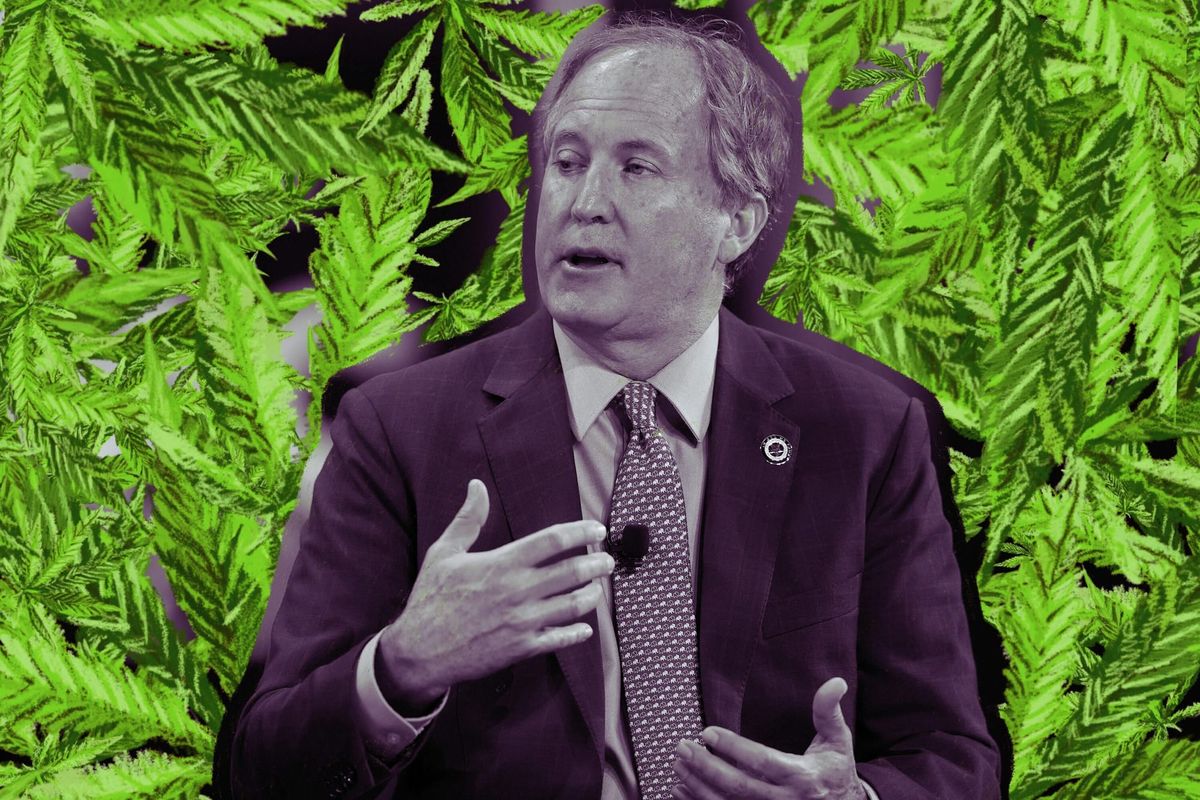 an image of Ken Paxton in black and white talking in front of a microphone with marijuana leaves behind him all in green