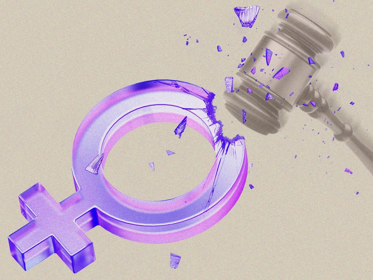 the sign for female in purple, on a beige background, being shattered by a gavel