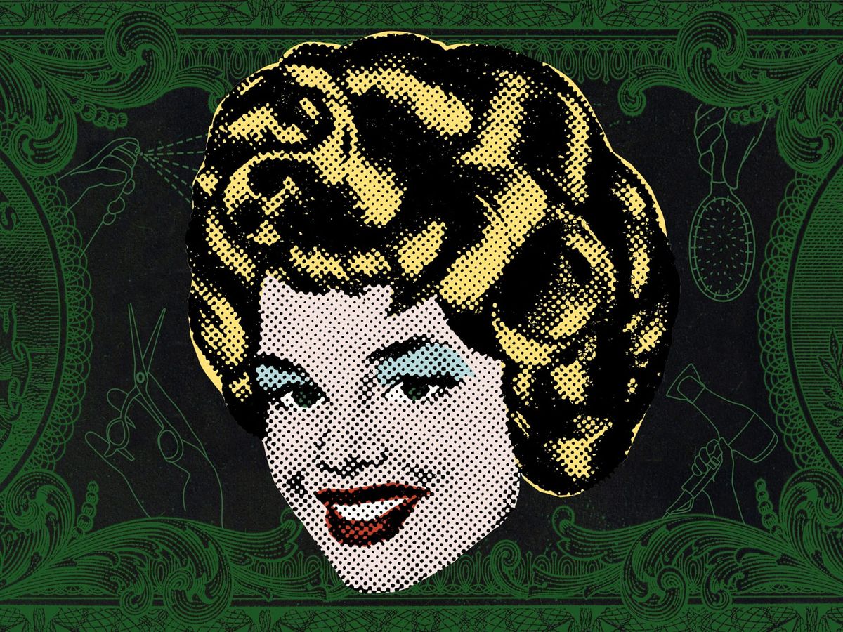 a blond woman with makeup on across a green background with beauty products