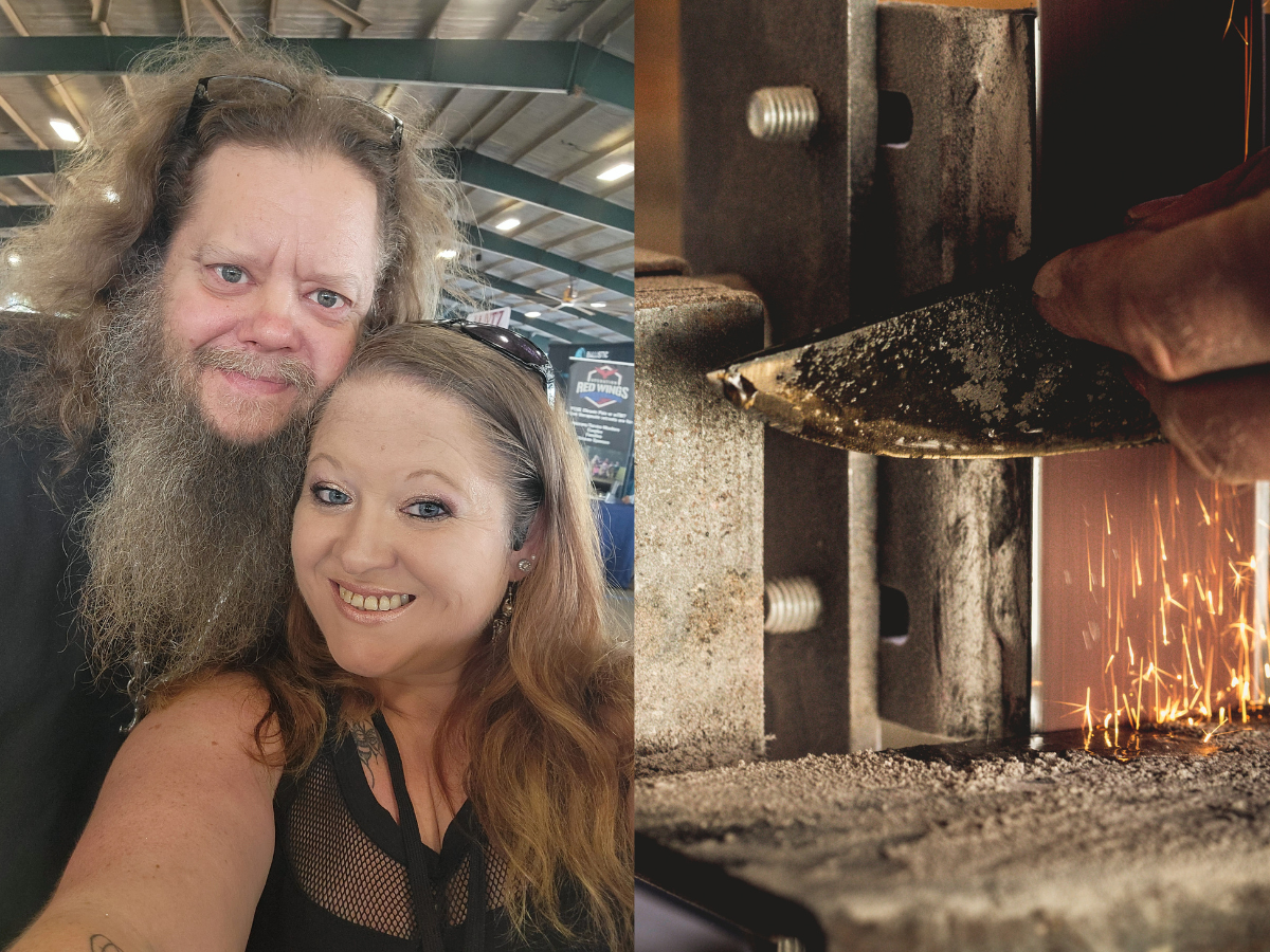 Johnathan and Rhiannon Sibley and a photo of a knife being sharpened