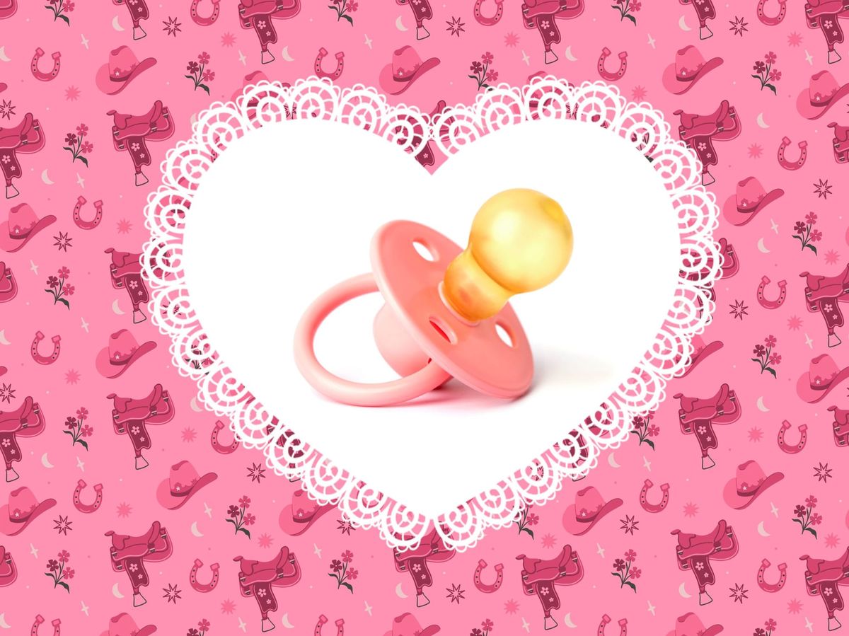 a pacifier inside a white heart, with pink cowboy themed images in the background