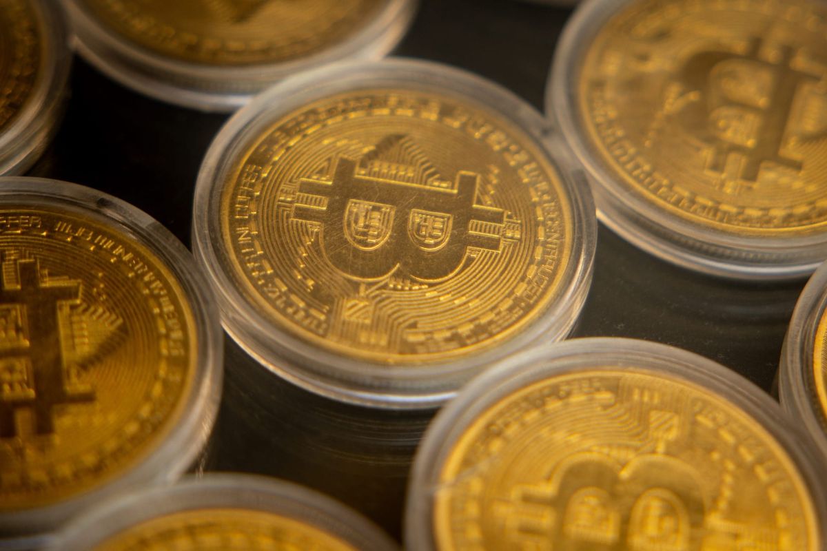 A close-up of gold bitcoins