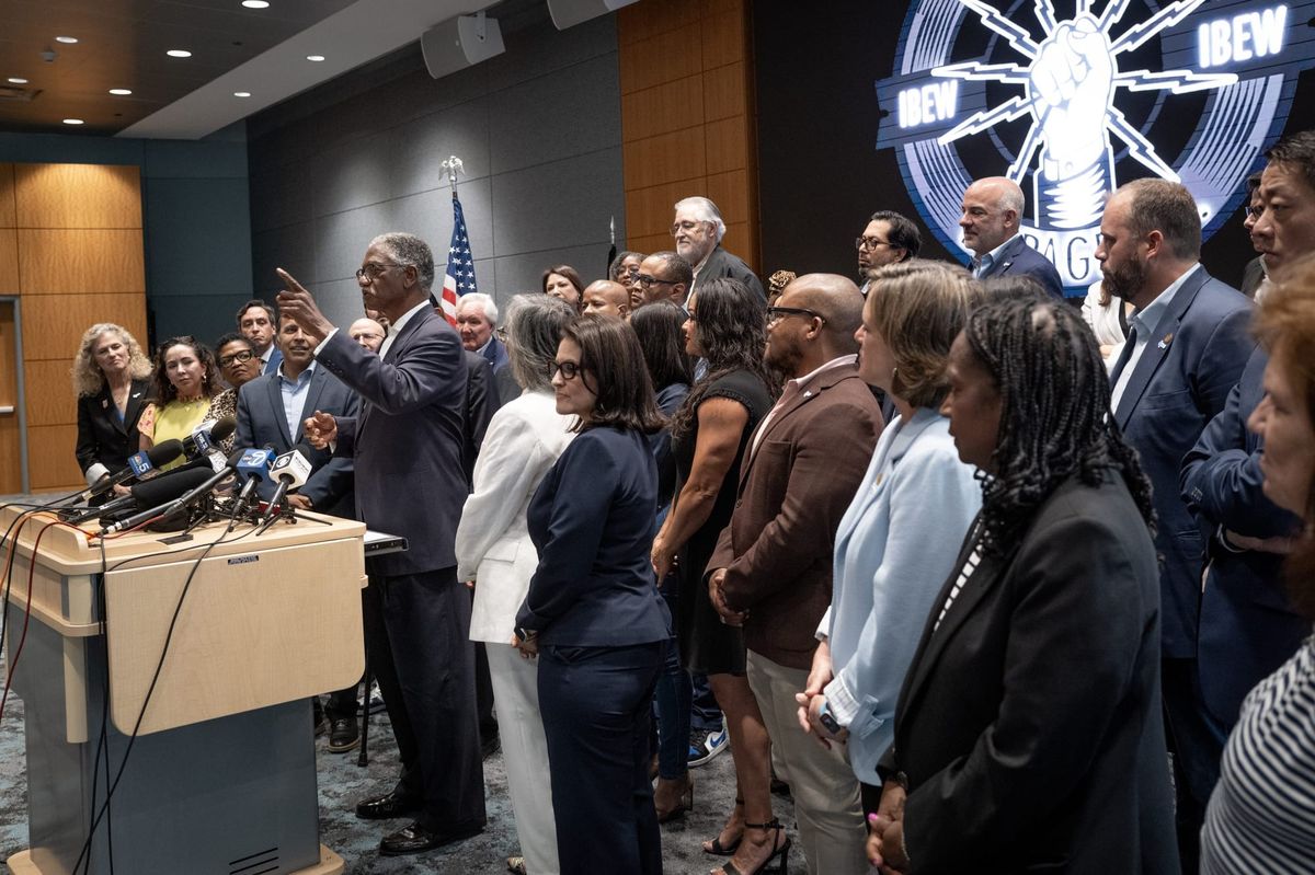 Democratic Texas Rep. Harold V. Dutton Jr. speaks alongside other Texas democrats during a press conference at the Internatio