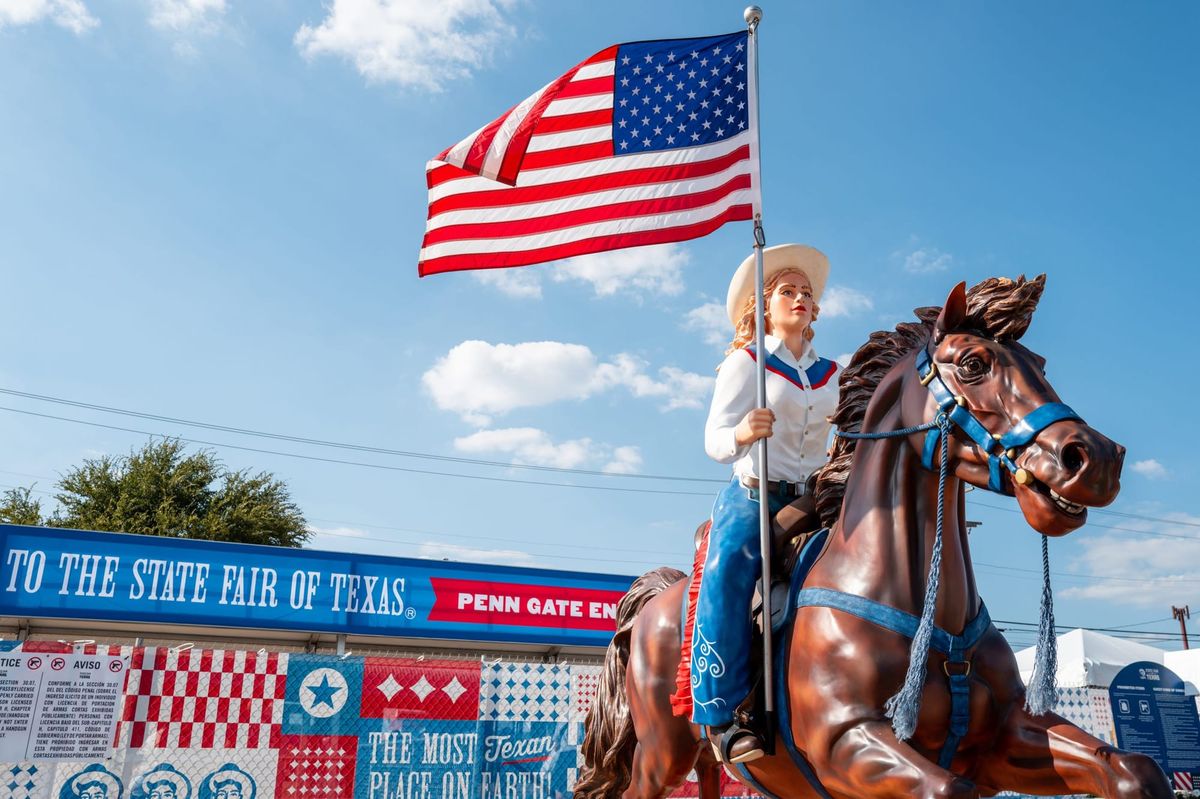 A statued horseback rider carrying an American flag at the State Fair of Texas on Sept. 26, 2025 in Dallas. (Photo by Brandon