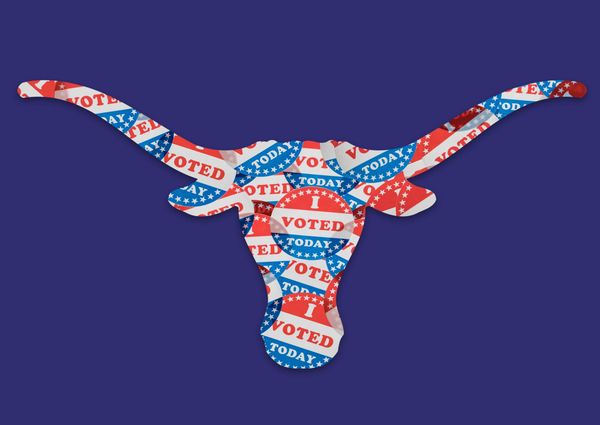 Voting stickers in the shape of a longhorn, on a navy background