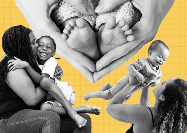 A collage of moms holding babies on a yellow background