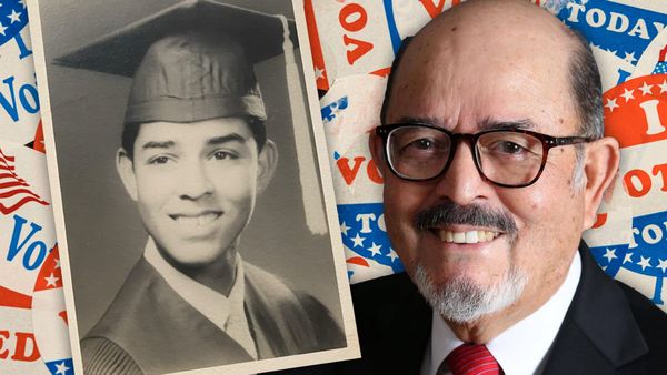 An old photo of Hector Flores next to a new photo of Hector Flores