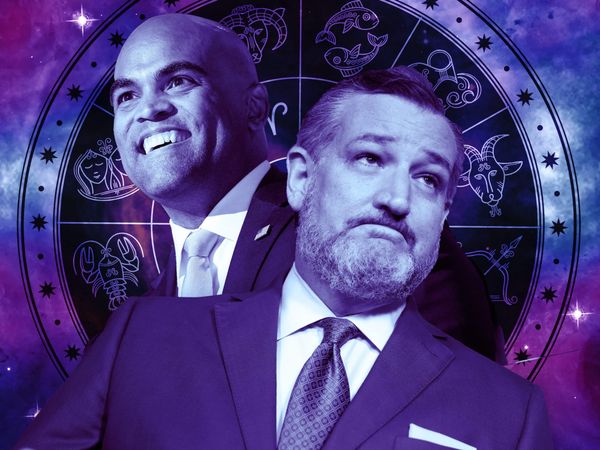 a natal zodiac chart behind images of colin allred and ted cruz, on a purple background with stars