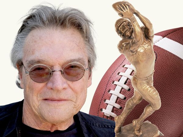 a collage of terry allen wearing sunglasses, a trophy, and a football on a white background