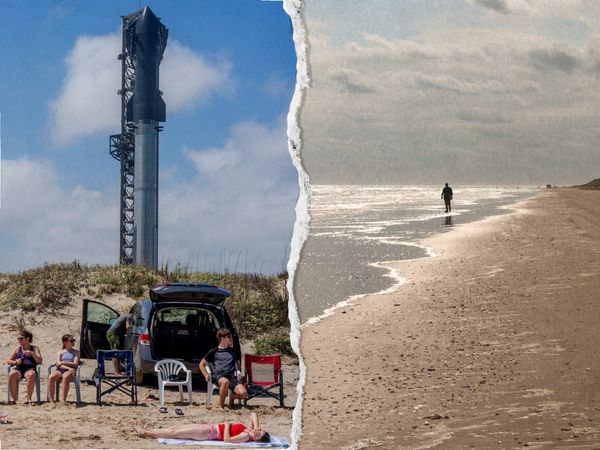 An image of the launch pad tower for SpaceX's Starbase and a person walking on a beach