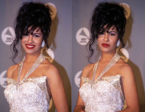 Two photos of Selena Quintanilla at the Grammy Awards in a white gown