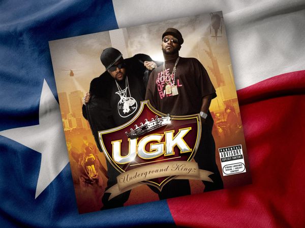 Album cover for UGK on top of a waving colorful flag of texas