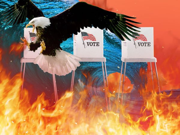 an eagle flying over a fire and voting booths as a tsunami swirls overhead