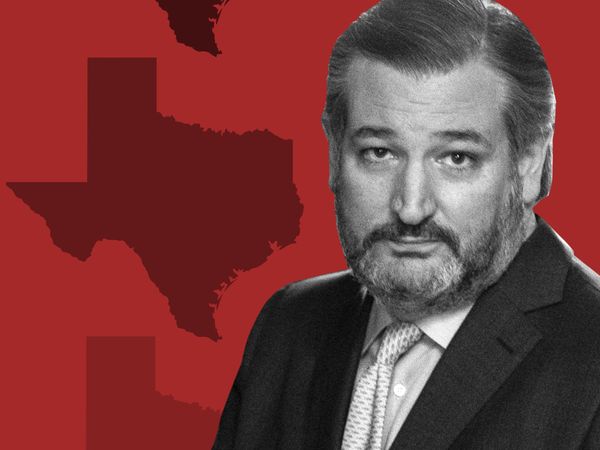 Ted Cruz's face in black and white over a red background with a shadow in the shape of the state of Texas