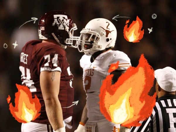 two football players from Texas A&M and UT square off on the field, with xs os and flames drawn on top