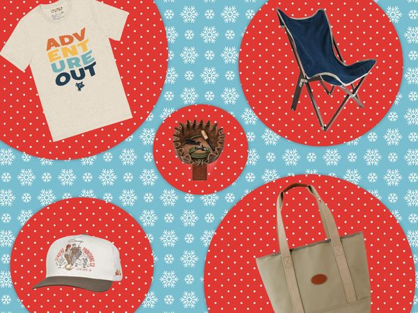 a collage with a t-shirt, a chair, a tote, a hat all set on blue wrapping paper with snowflakes