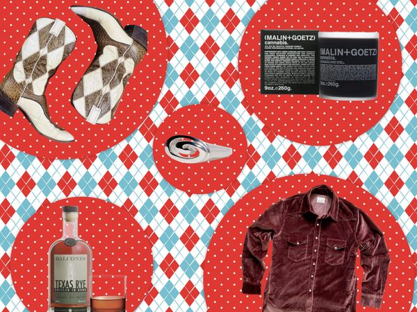 a collage of boots, a candle, whiskey, and a shirt over wrapping paper in blue and red
