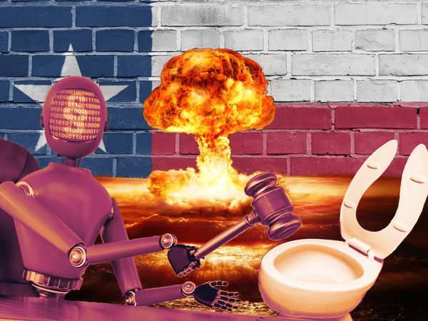 a collage of a robot, a toilet seat, and an explosion over a texas flag
