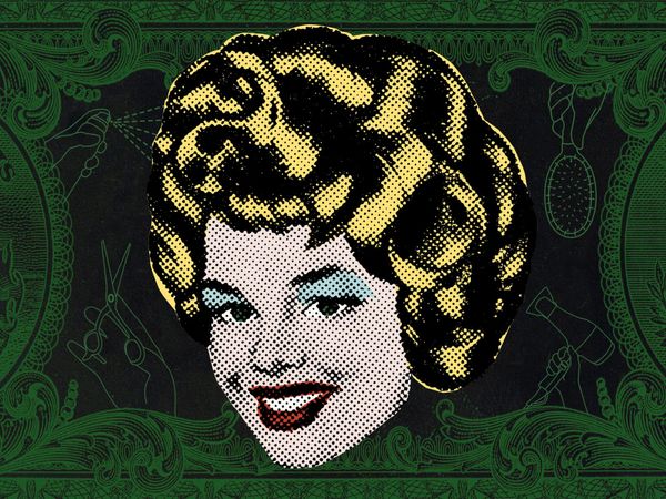 a blond woman with makeup on across a green background with beauty products