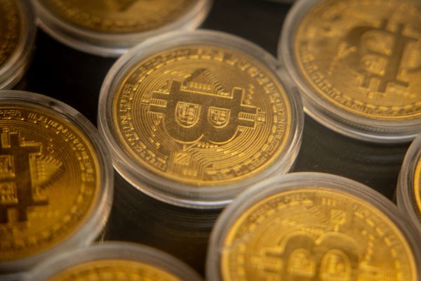 A close-up of gold bitcoins