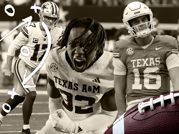 Brandon Aubrey of the Dallas Cowboys; Tristan Jernigan of the Texas A&M Aggies; and Arch Manning of the Texas Longhorns.