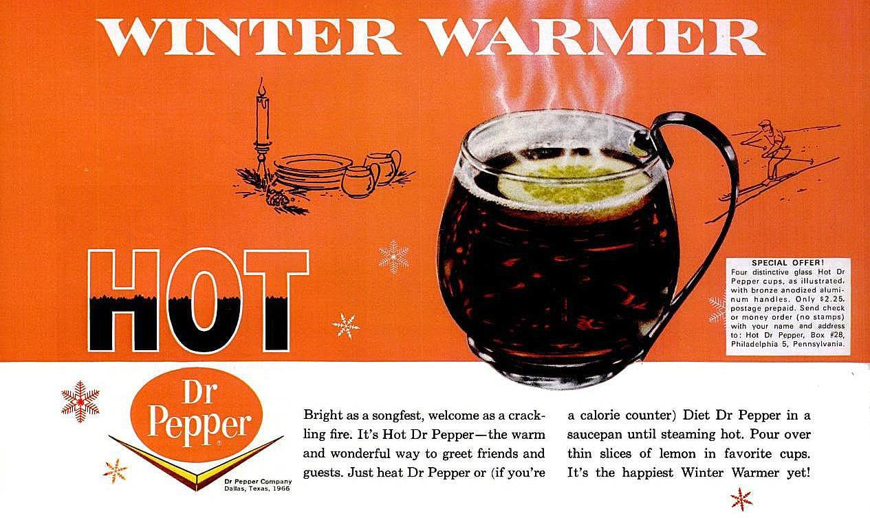 a vintage ad for hot dr pepper featuring a warm drink with lemon and an orange background