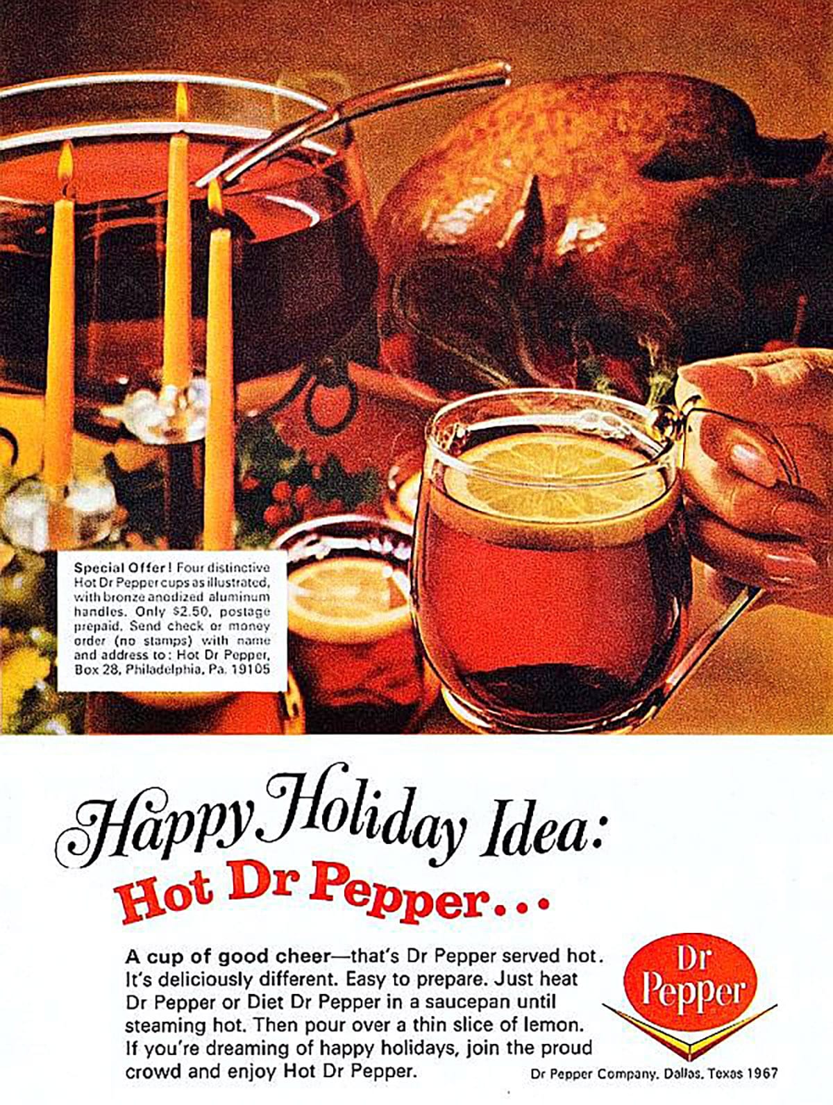 a vintage ad for hot dr pepper featuring a warm drink with lemon and an orange background
