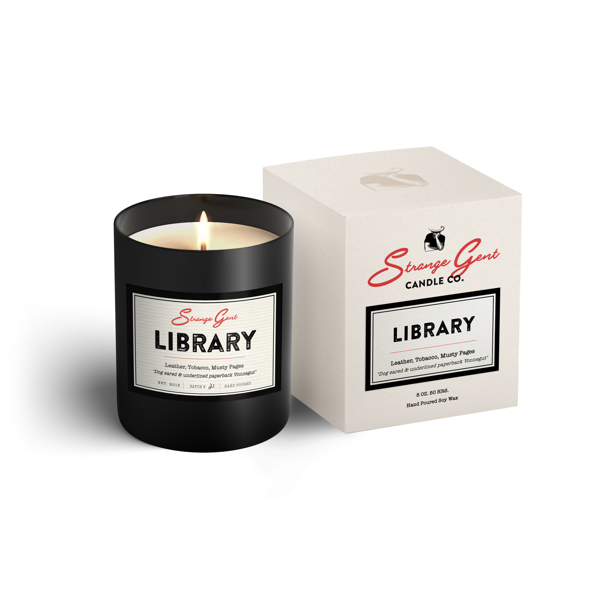 a black candle and a candle box with the words “LIBRARY”
