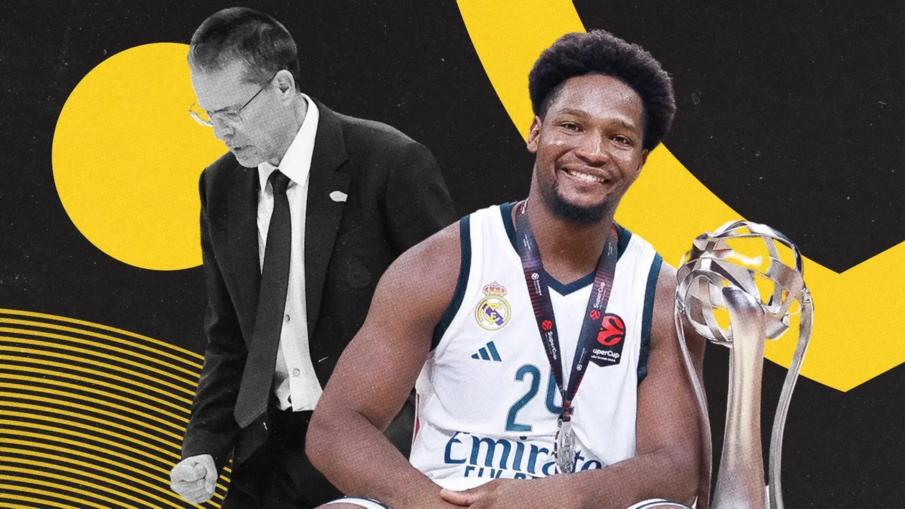 Montage : Andrés Feliz (Real Madrid) avec la médaille et le trophée de la SuperCoupe de l'Euroleague 2026, et en noir et blanc un entraîneur madrilène en costume