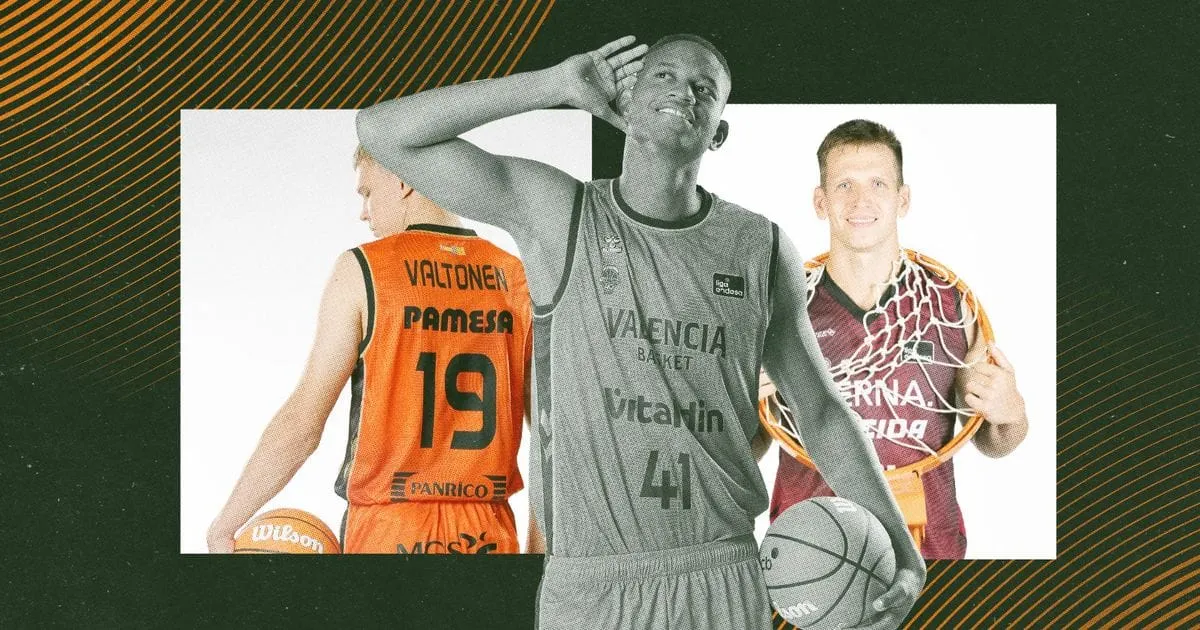 Montage de trois portraits officiels de Liga Endesa, dont Elias Valtonen de dos sous le maillot de Valence et un joueur de Lleida