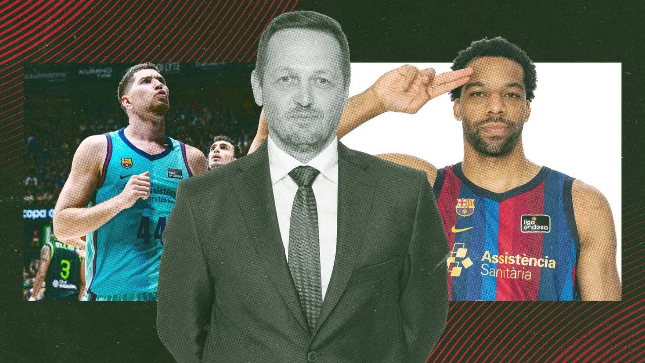 Montage de l'entraîneur du FC Barcelone en costume entre deux joueurs du Barça, l'un en maillot bleu clair, l'autre en maillot blaugrana
