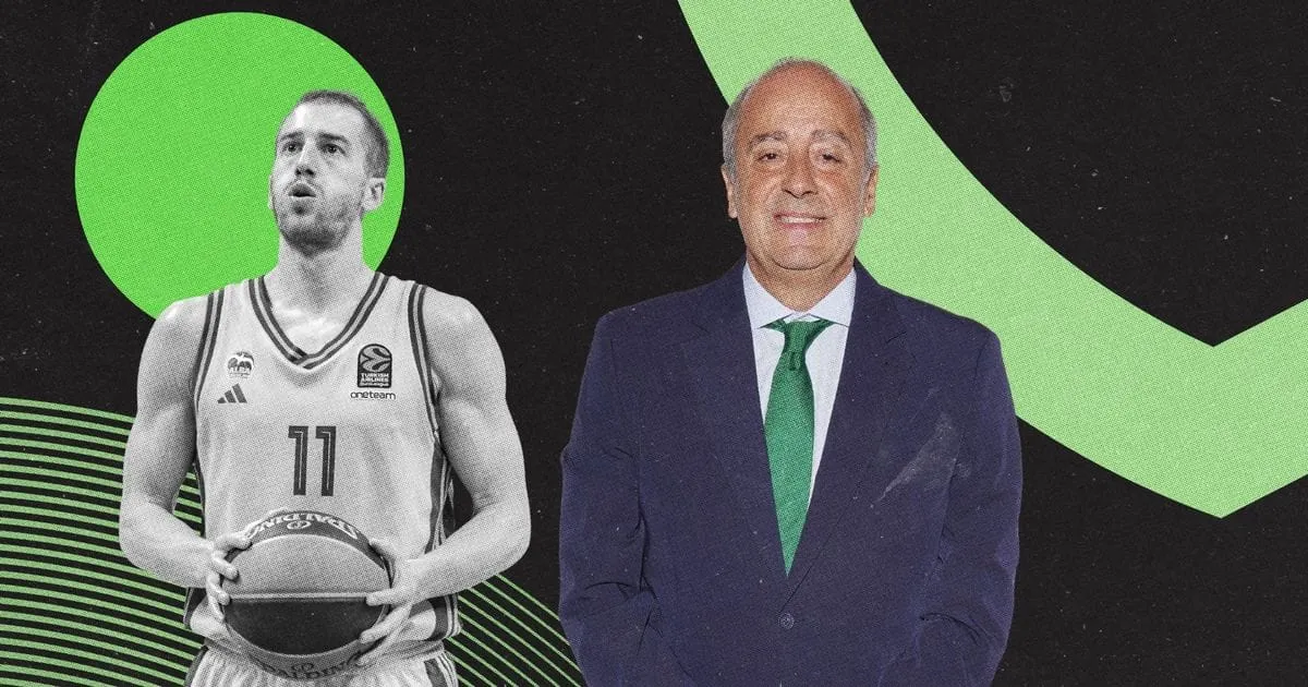 Montage photo : à gauche, en noir et blanc, un joueur de l'ALBA Berlin en maillot d'Euroleague, ballon en main ; à droite, un homme en costume sombre et cravate verte