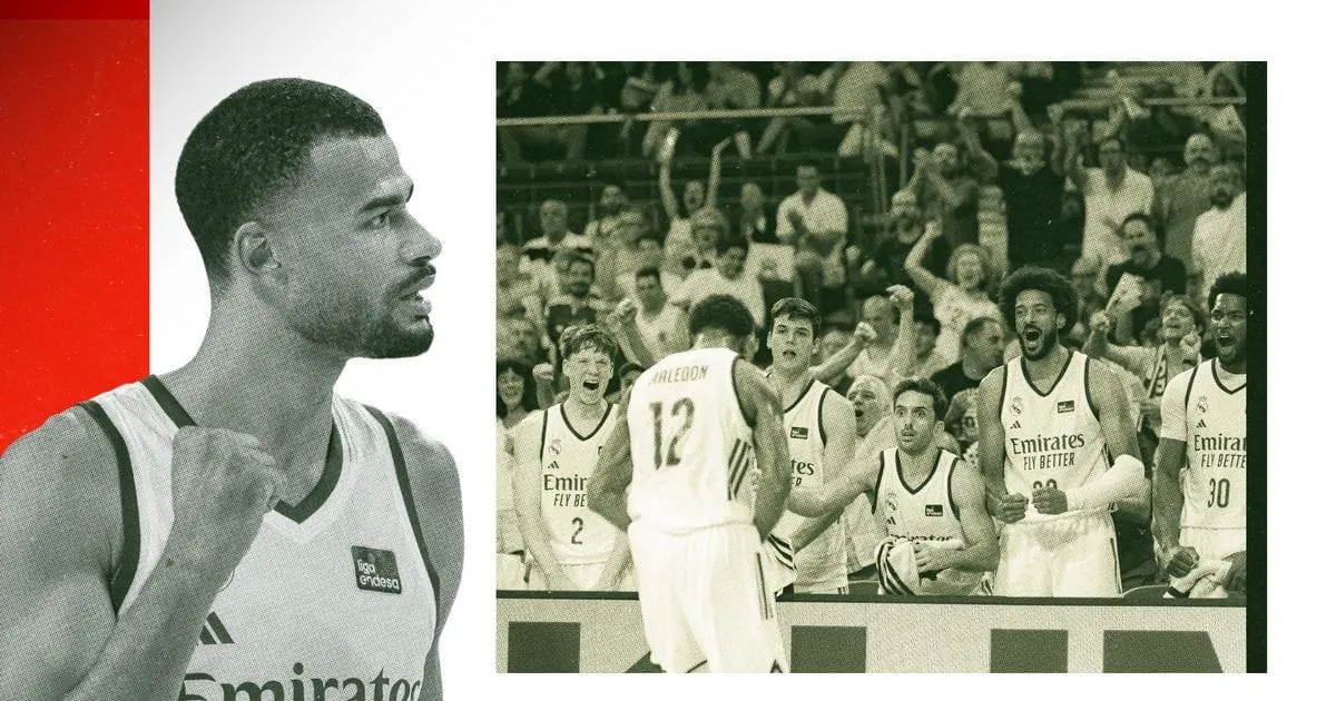 Montage photo aux couleurs du Real Madrid : à gauche un joueur madrilène en maillot de Liga Endesa, poing serré ; à droite Théo Maledon, de dos, face au banc du Real qui célèbre