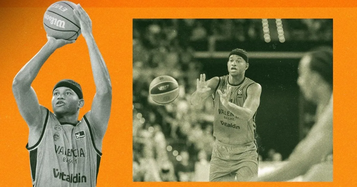 Montage de deux photos de Jasiel Rivero sous le maillot de Valencia Basket, au tir en Liga Endesa et à la passe en Euroleague