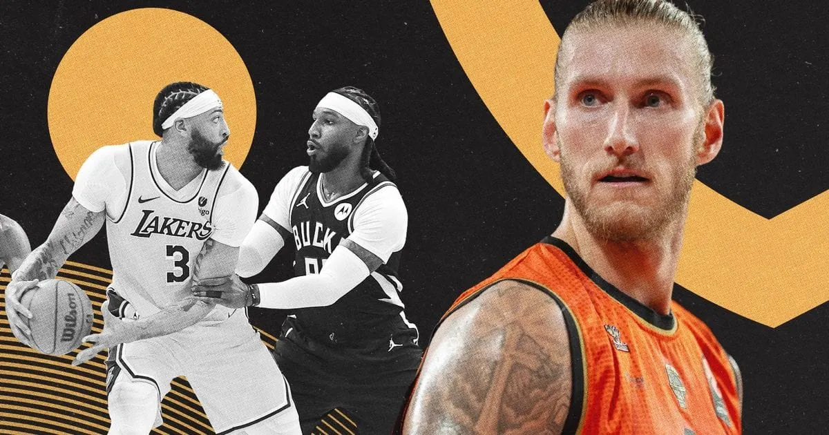 Montage associant une action de NBA entre les Los Angeles Lakers et les Milwaukee Bucks et un joueur de Valencia Basket sous le maillot orange du club