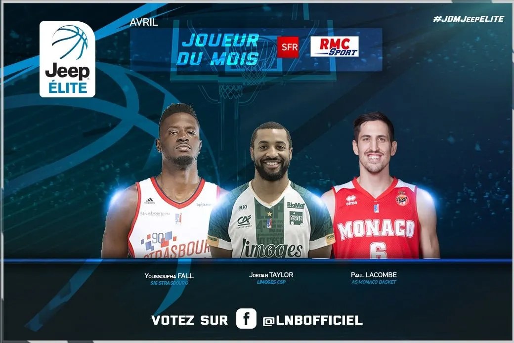 Jeep® ÉLITE : joueur du mois d’avril, Youssoupha Fall, Jordan Taylor et Paul Lacombe nommés