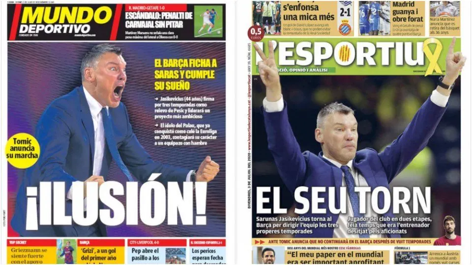 Sarunas Jasikevicius à la Une des quotidiens sportifs de Barcelone