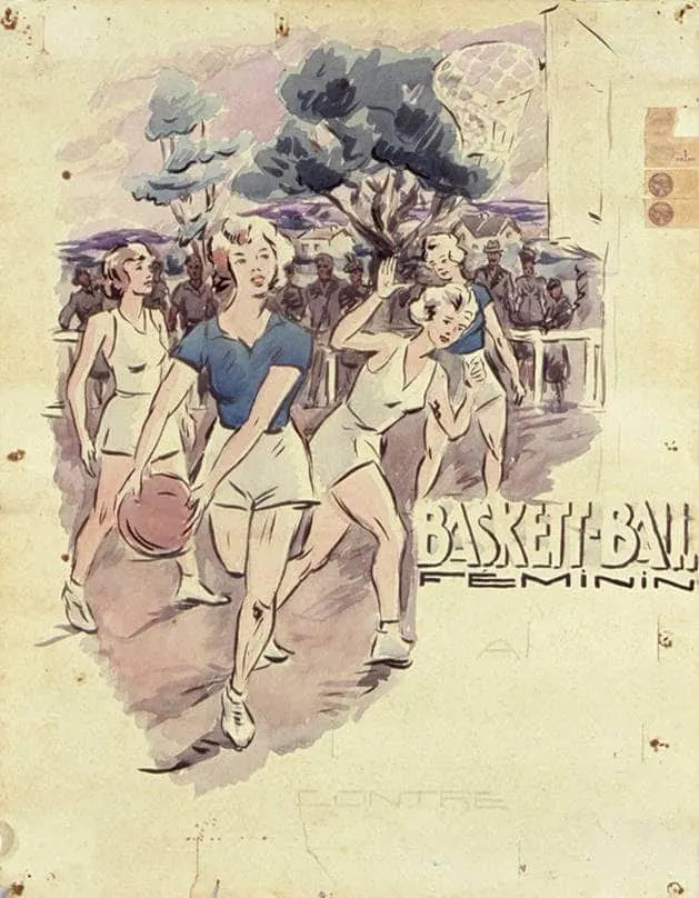 Une affiche des années 40 pour annoncer les matches de basket féminin