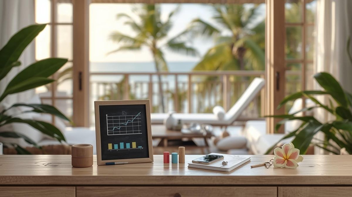 Image d'une ardoise représentant la rentabilité d'un logement en location saisonnière à Tahiti, appartement tropical en bois avec vue mer